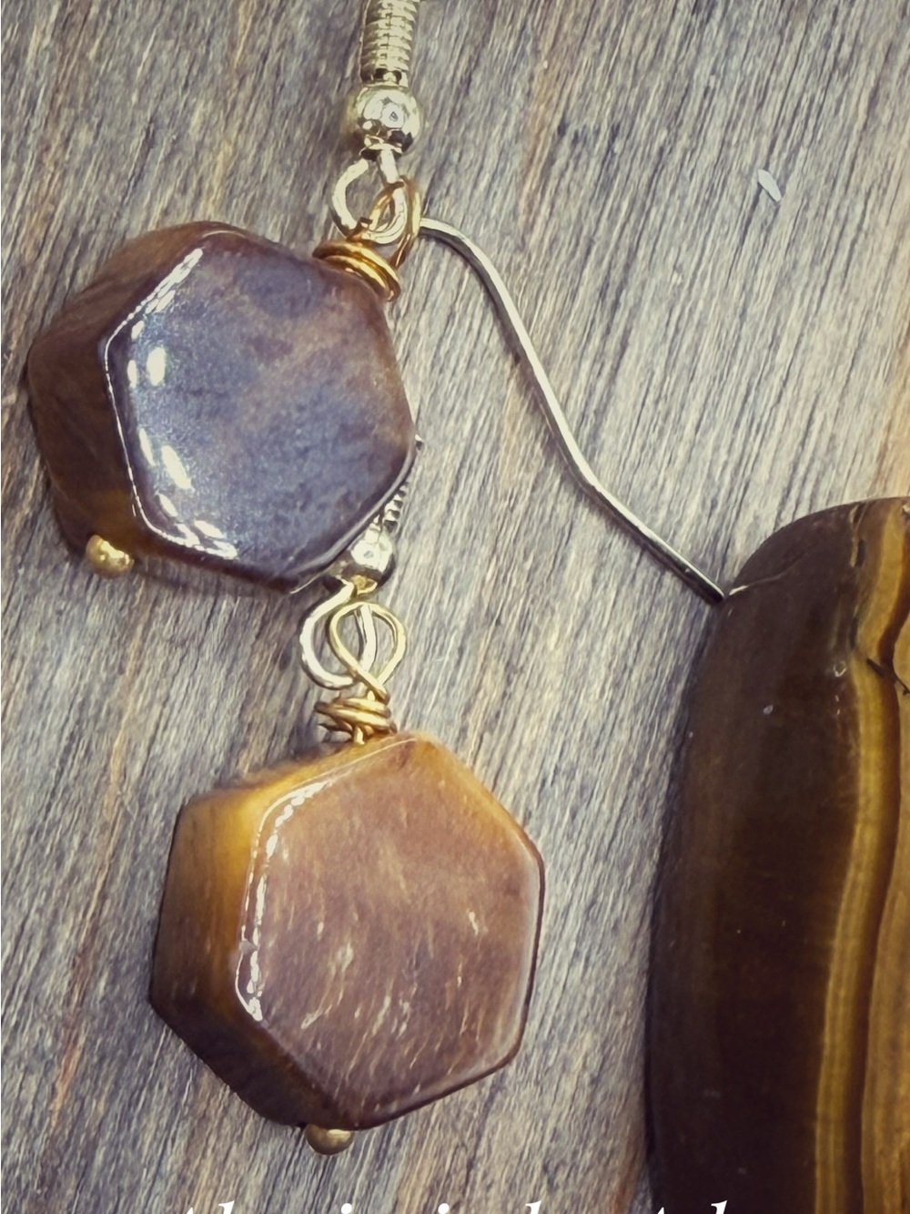 Gold-Tone Brown Hexagon Stone Dangle Earrings TIGER EYE
